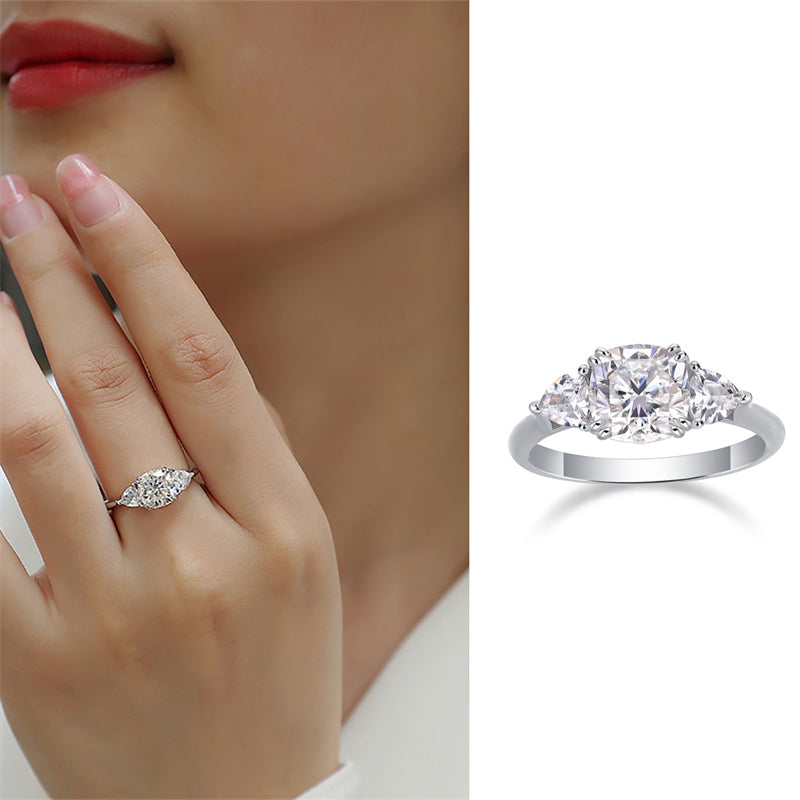 Trendy OL Style Silver Ring with Sparkling Cushion Moissanite