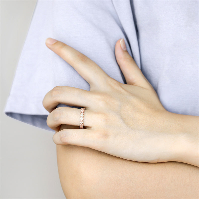 Triangular Pavé 925 Silver Ring - Minimalist Geometric Band with Zirconia Stones