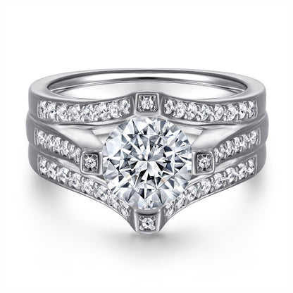 Triple Band 925 Silver Ring - 1 Carat Zirconia Three-Row Diamond Wedding Set