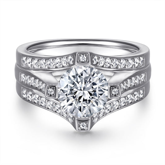 Triple Band 925 Silver Ring - 1 Carat Zirconia Three-Row Diamond Wedding Set