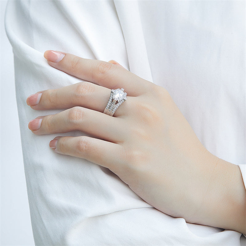 Triple Band 925 Silver Ring - 1 Carat Zirconia Three-Row Diamond Wedding Set