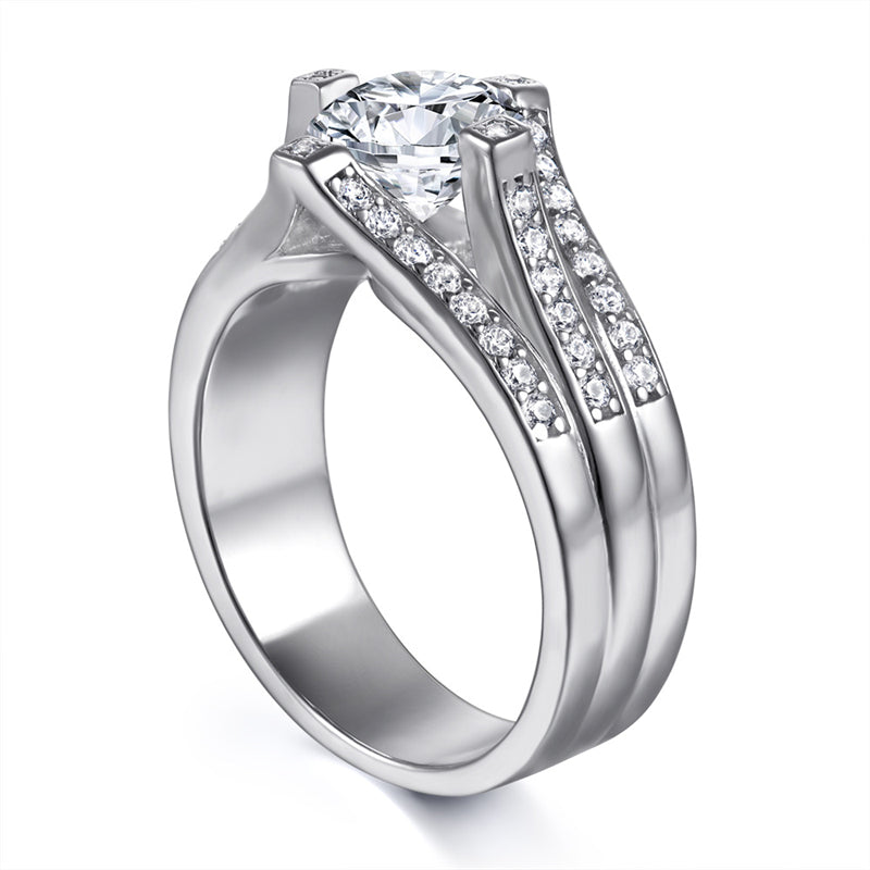 Triple Band 925 Silver Ring - 1 Carat Zirconia Three-Row Diamond Wedding Set