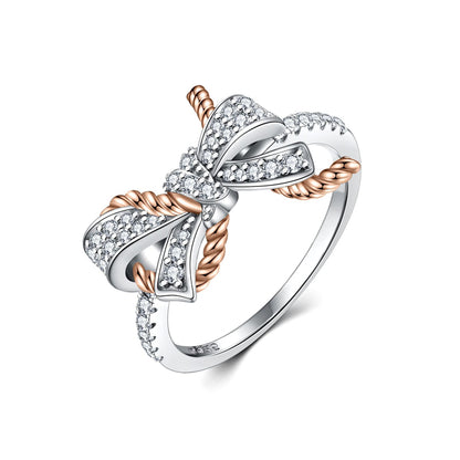 Twisted Bow 925 Silver Ring - Elegant Zirconia Stackable Band with Rope Detailing