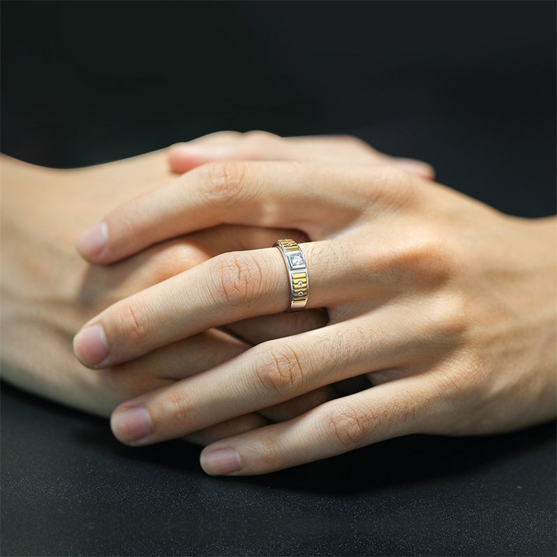 Two-Tone Zircon Men's Ring - 925 Sterling Silver Gold & Rhodium Plated Statement Jewelry