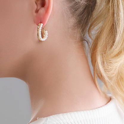 U-Shape Geometric Pearl Drop Earrings with 925 Silver Posts - Gold Light Luxury Design