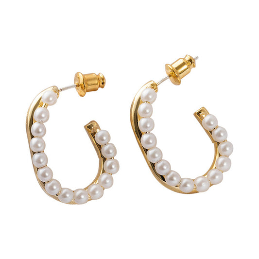 U-Shape Geometric Pearl Drop Earrings with 925 Silver Posts - Gold Light Luxury Design