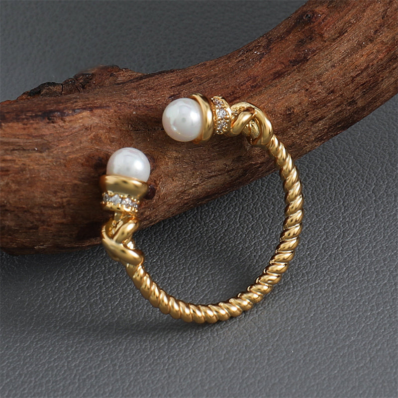 Vintage-inspired Adjustable Geometric Ring - Gold Plated Brass with Glass Bead Accent