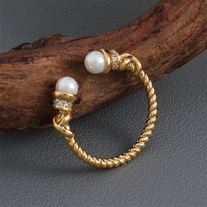 Vintage-inspired Adjustable Geometric Ring - Gold Plated Brass with Glass Bead Accent