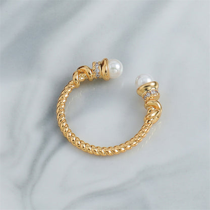 Vintage-inspired Adjustable Geometric Ring - Gold Plated Brass with Glass Bead Accent