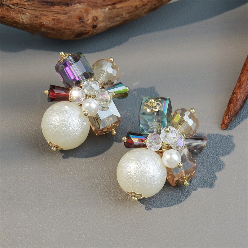 Vintage-inspired Geometric Crystal & Faux Pearl Drop Earrings in Gold