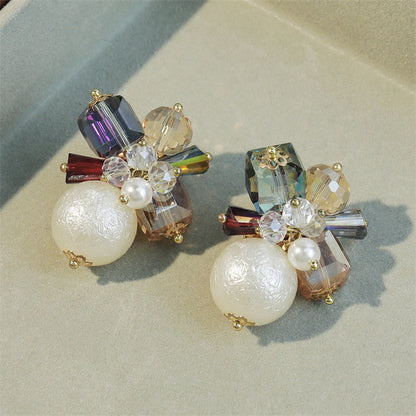 Vintage-inspired Geometric Crystal & Faux Pearl Drop Earrings in Gold