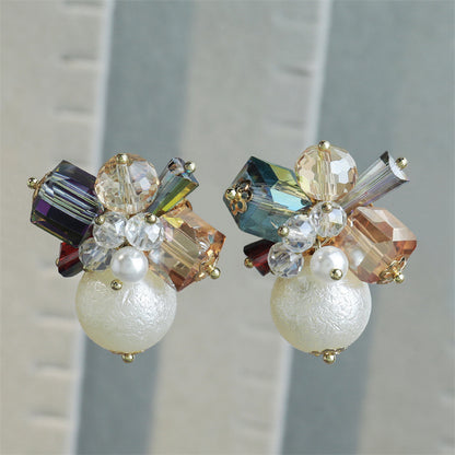 Vintage-inspired Geometric Crystal & Faux Pearl Drop Earrings in Gold