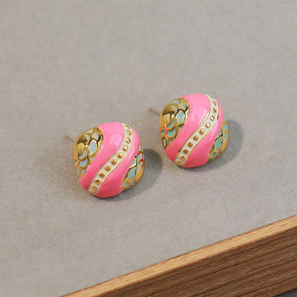 Vintage-inspired Pink Geometric Square Stud Earrings in Gold Plating