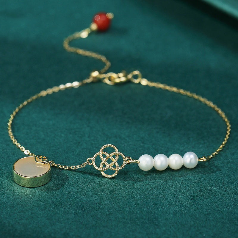 Vintage Silver Jade Pearl Bracelet Women’s Ancient Style Handmade Jewelry
