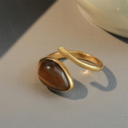 Vintage Style Adjustable Tiger Eye Stone Ring - Gold Plated Geometric Unisex Design