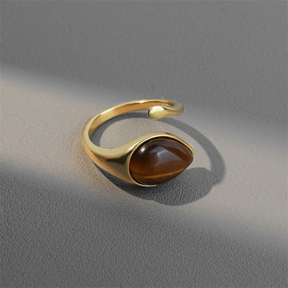 Vintage Style Adjustable Tiger Eye Stone Ring - Gold Plated Geometric Unisex Design