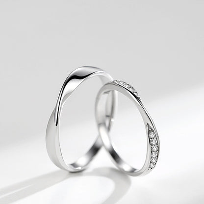 Wave Design Couple Rings - 925 Sterling Silver Engravable Matching Set with Zircon Accents