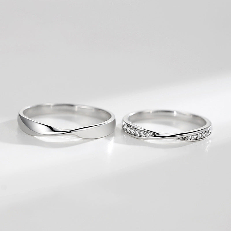 Wave Design Couple Rings - 925 Sterling Silver Engravable Matching Set with Zircon Accents