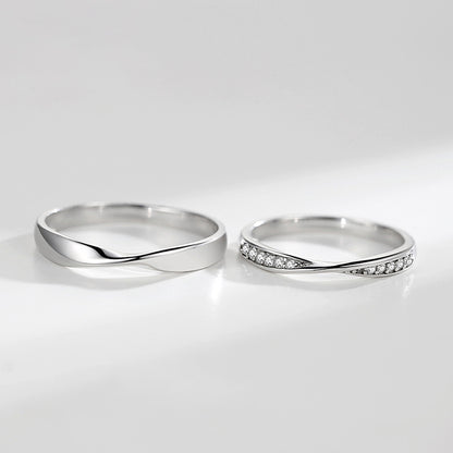 Wave Design Couple Rings - 925 Sterling Silver Engravable Matching Set with Zircon Accents