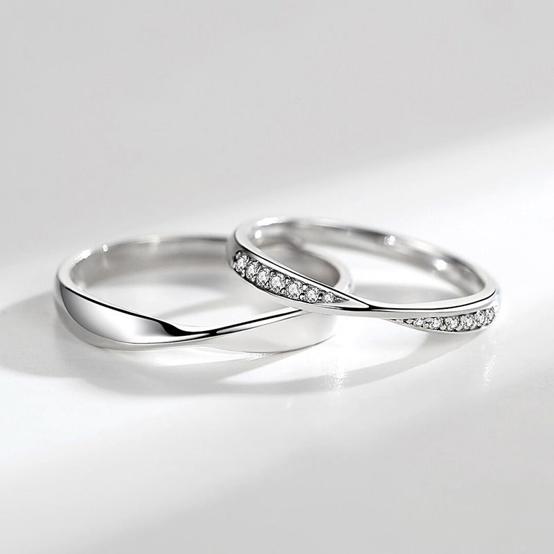 Wave Design Couple Rings - 925 Sterling Silver Engravable Matching Set with Zircon Accents