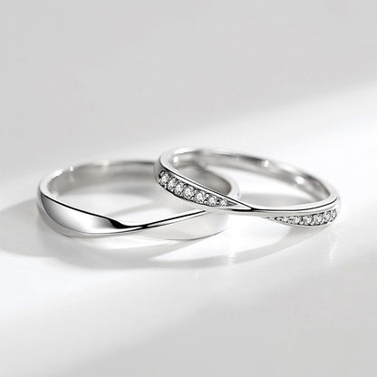 Wave Design Couple Rings - 925 Sterling Silver Engravable Matching Set with Zircon Accents