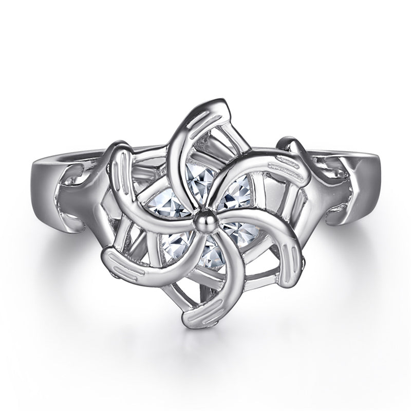 Windmill Design Zircon Ring - 925 Sterling Silver Floral Fashion Jewelry for Women