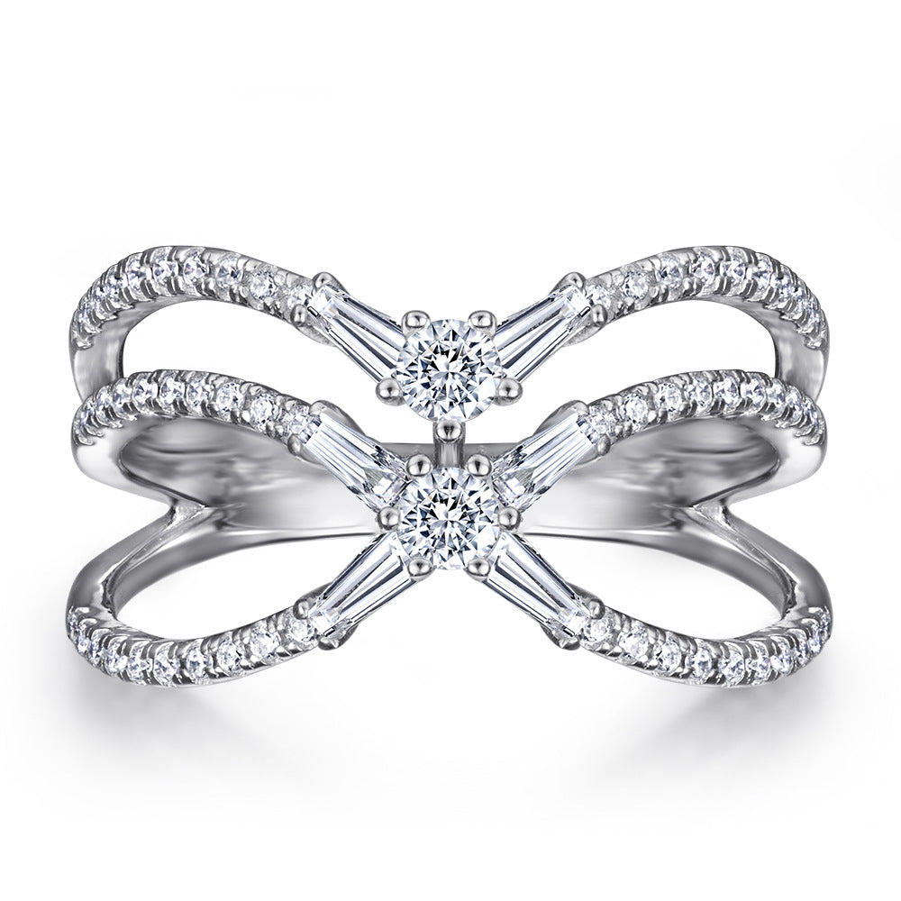 X-Shaped Tension Set 925 Silver Ring - Modern Multi-Row Zirconia Band