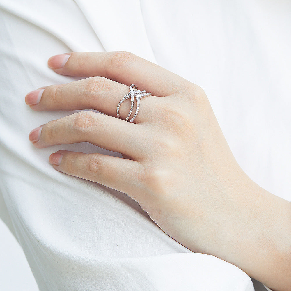 X-Shaped Tension Set 925 Silver Ring - Modern Multi-Row Zirconia Band