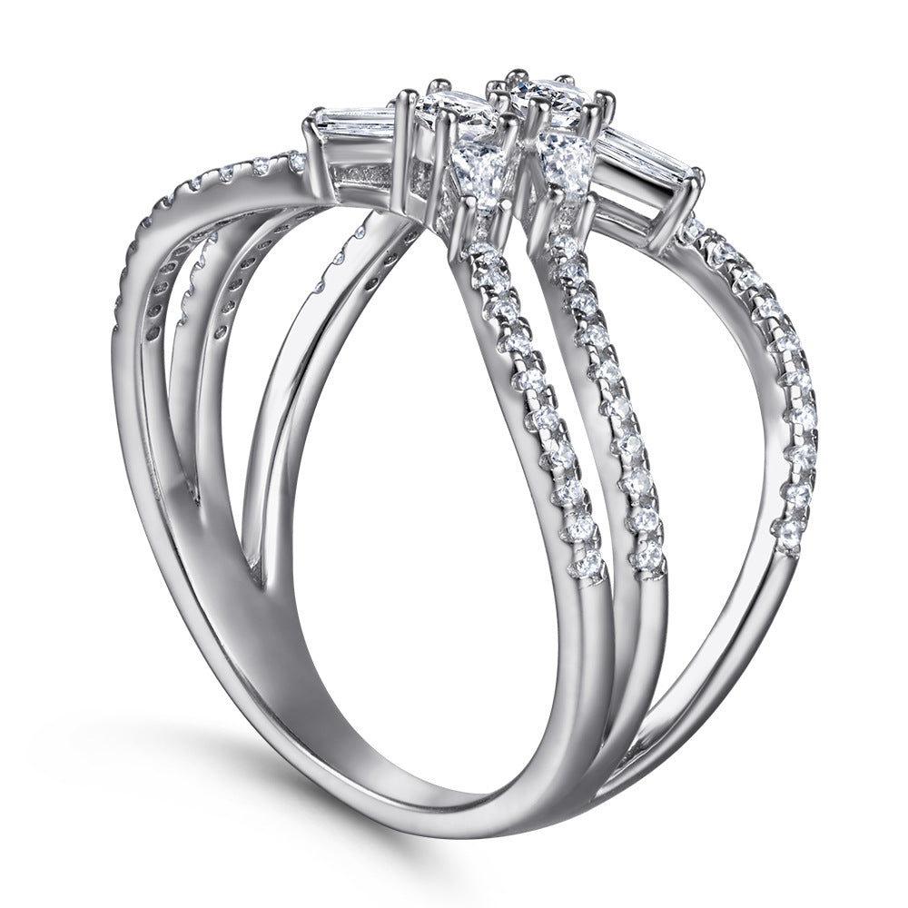 X-Shaped Tension Set 925 Silver Ring - Modern Multi-Row Zirconia Band