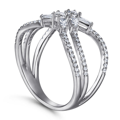 X-Shaped Tension Set 925 Silver Ring - Modern Multi-Row Zirconia Band