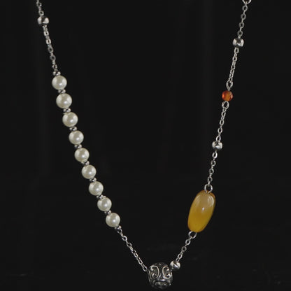 Natural Stone and Pearl O-Chain Necklace with Heart-Shaped Pendant