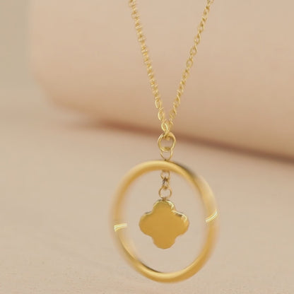 Gold Stainless Steel O-Chain Necklace with Green Four-Leaf Clover Pendant