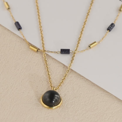 Multi-Layered Shawl Chain with Rice Beads and Natural Stone Pendant