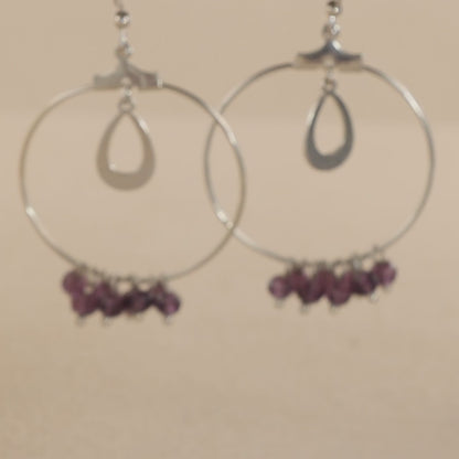 Silver Geometric Earrings with Purple Beads