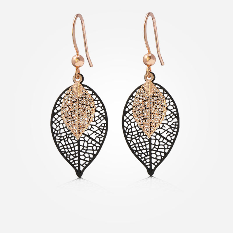 Black Copper Leaf Dangle Earrings, Vintage Nature-Inspired Jewelry