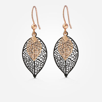 Black Copper Leaf Dangle Earrings, Vintage Nature-Inspired Jewelry